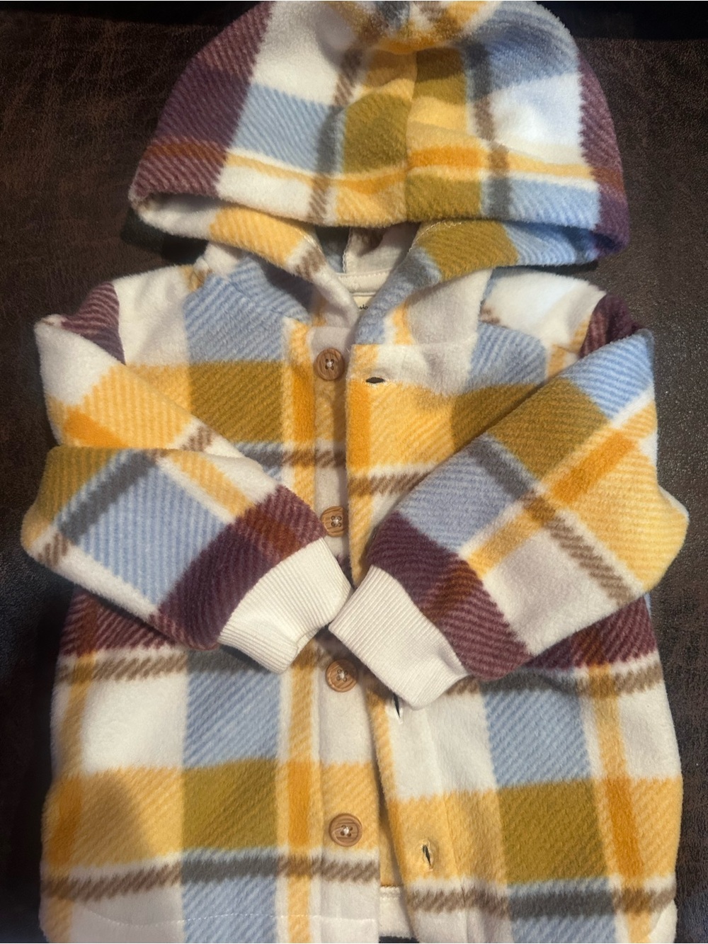 Kids Hooded Plaid Fleece Jacket - Yellow, Burgundy & Cream